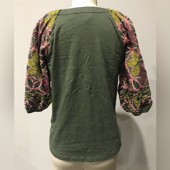 S ANTHROPOLOGIE Puffy Floral Green Shirt spring blouse - Picture 4 of 5